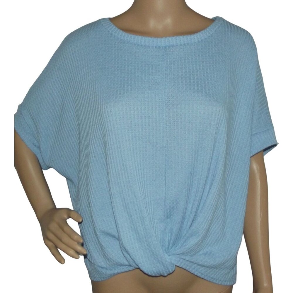 Riah Fashion Sweater Small blue thermal waffle knit twist front short sleeve